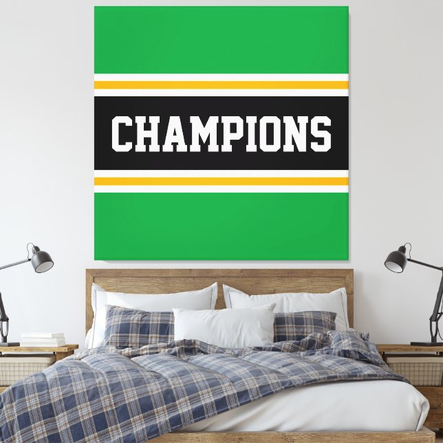 Bright Green Black Orange CHAMPIONS Stripes Canvas Print (Insitu(Bedroom))