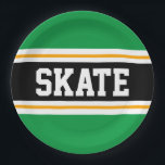 Bright Green Black Yellow SKATE Racing Stripes Paper Plate<br><div class="desc">This sporty,  athletic design features bold SKATE text inside a highlighted wide black stripe with double white and yellow racing stripes against bright green outer stripes.   The text can be personalised.</div>