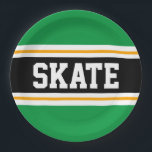 Bright Green Black Yellow SKATE Racing Stripes Paper Plate<br><div class="desc">This sporty,  athletic design features bold SKATE text inside a highlighted wide black stripe with double white and yellow racing stripes against bright green outer stripes.   The text can be personalised.</div>