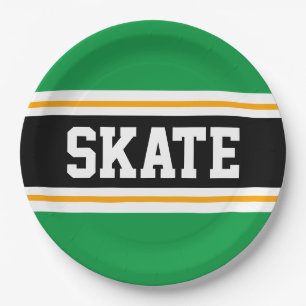 Bright Green Black Yellow SKATE Racing Stripes Paper Plate