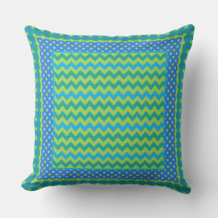 Bright Green, Blue Chevrons, Polka Dots Cushion
