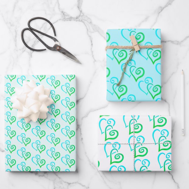 Bright Green Blue Linked Heart Pattern  Wrapping Paper Sheet (Front)