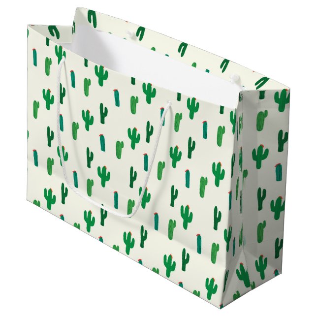 Bright Green Cactus Pattern Large Gift Bag (Front Angled)