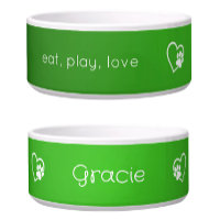 Bright Green Eat Play Love Custom Dog Name Bowl