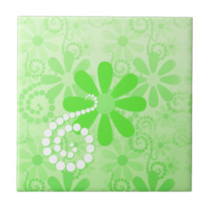 Bright Green Floral Cute Retro Daisy Flowers Tile