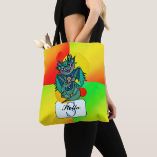 Bright Green Friendly Dragon Monogram Tote Bag