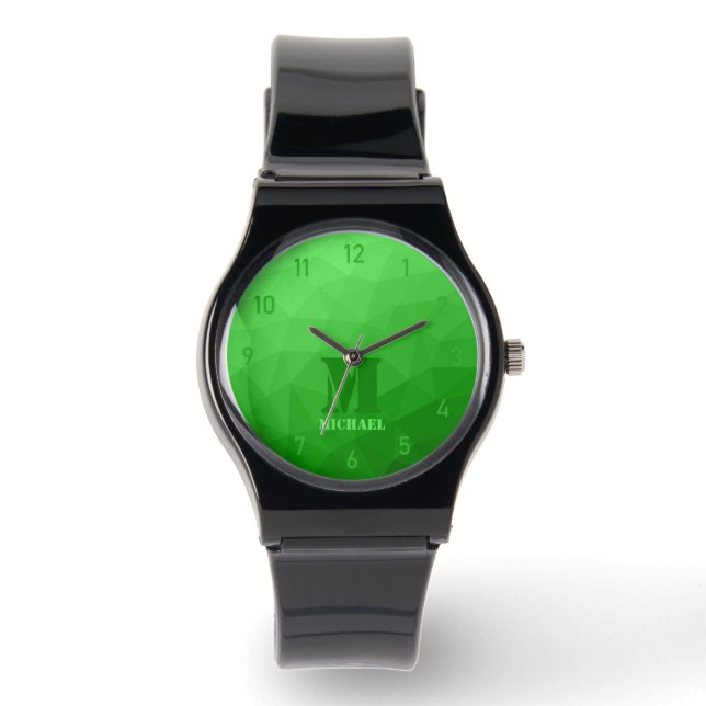 Bright green geometric mesh pattern Monogram Watch (Front)