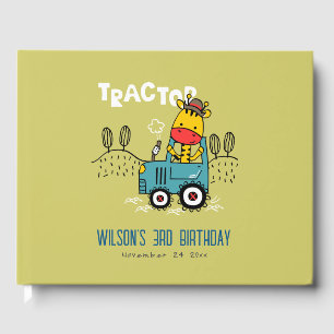 Bright Green Giraffe In Farm Tractor Boys Birthday Guest Book