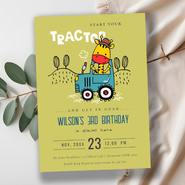 Bright Green Giraffe In Farm Tractor Boys Birthday Invitation (Creator Uploaded)
