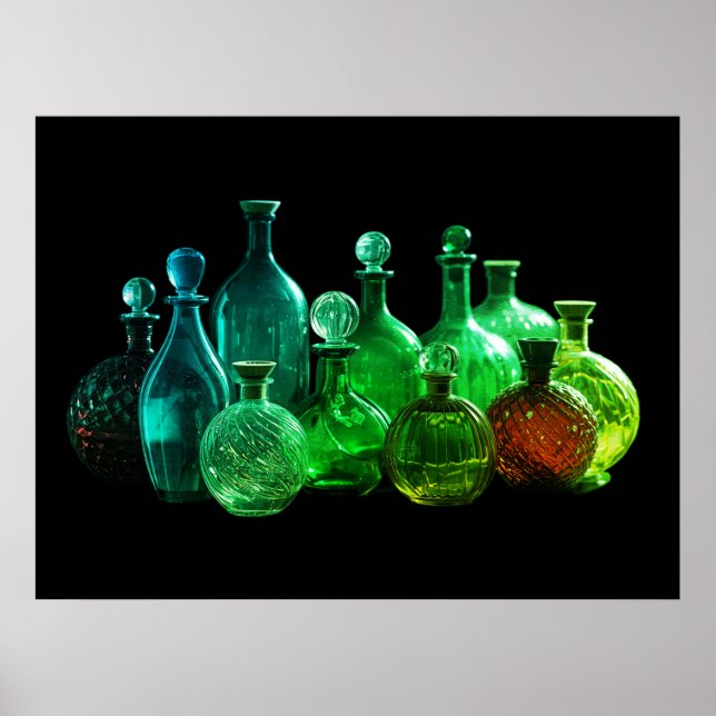 Bright Green Glass Bottles Black Background Wall Poster (Front)
