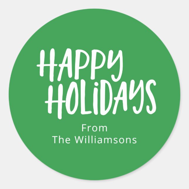 Bright Green Happy Holidays Custom Family Name Classic Round Sticker (Front)