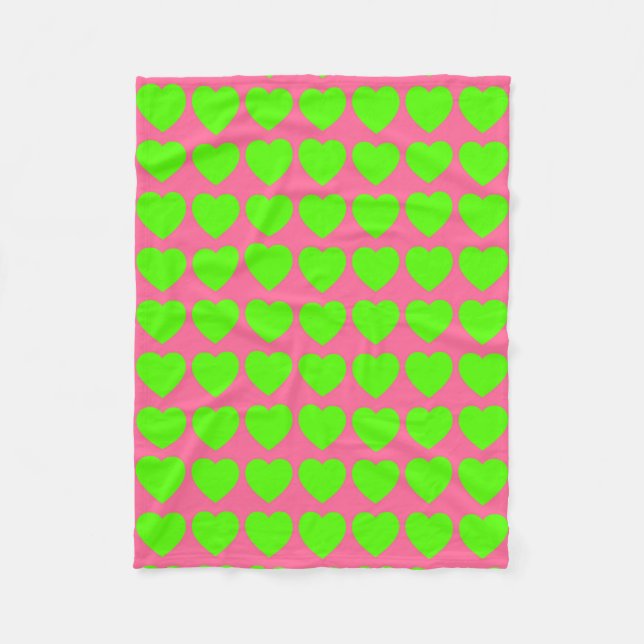 Bright Green Hearts on Pink Fleece Blanket (Front)