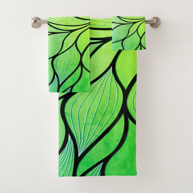 Bright Green Hues Creative Leave Pattern  Bath Towel Set (Insitu)