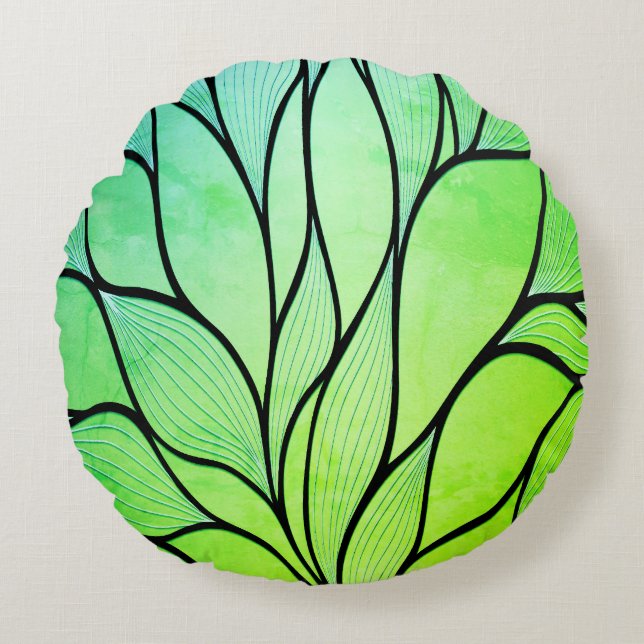 Bright Green Hues Creative Leave Pattern  Round Cushion (Front)