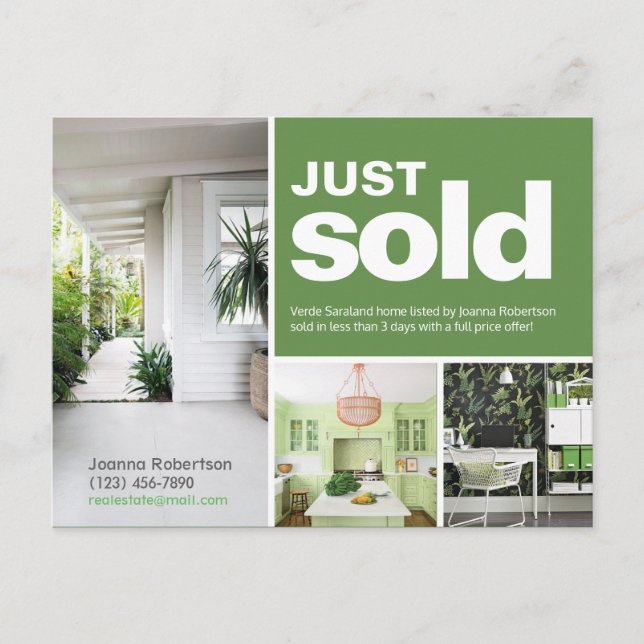 Bright green Just sold real estate advert template Postcard (Front)