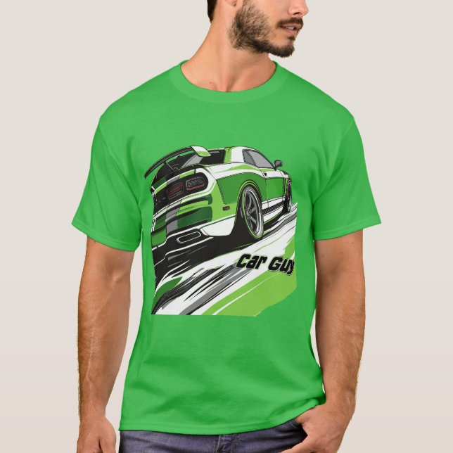 Bright Green Muscle Car Guy Turbo Sports Race Car T-Shirt (Front)
