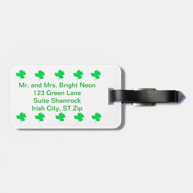 Bright Green Neon Shamrock Personalise Luggage Tag (Back Horizontal)