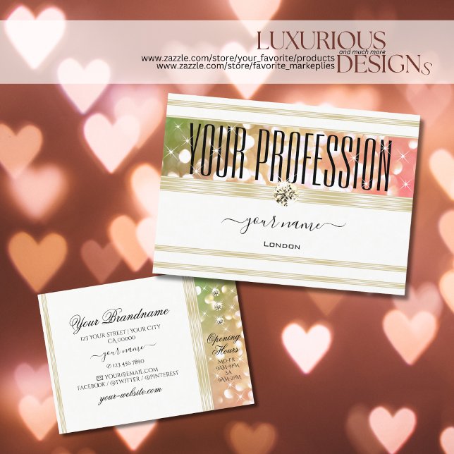 Bright Green Pink Glitter White and Gold Diamonds Business Card (Creator Uploaded)