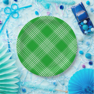 Bright Green Plaid Checked Pattern Paper Plate
