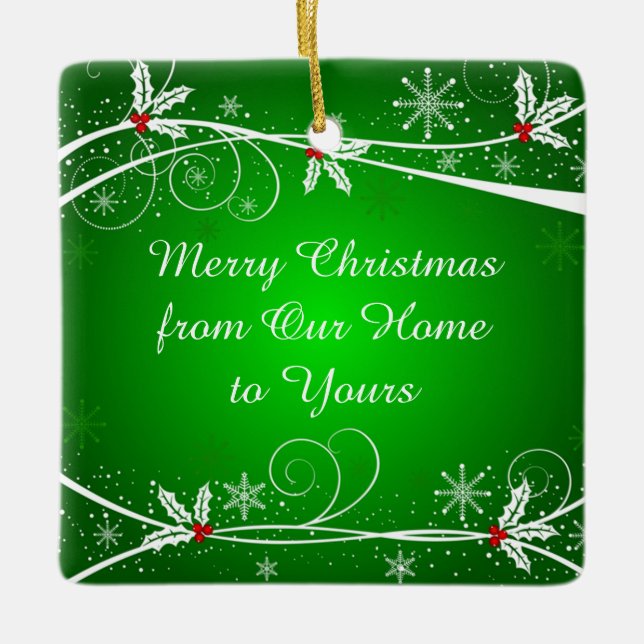 Bright Green Red and White Holly Ornate Swirls Ceramic Ornament (Front)