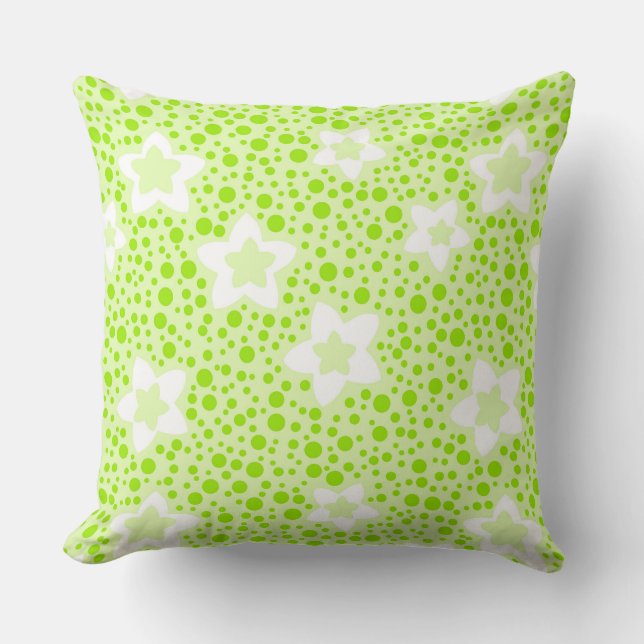 Bright green retro polka dots with floral pattern  cushion (Front)