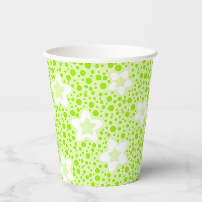 Bright green retro polka dots with floral pattern  paper cups (Front)