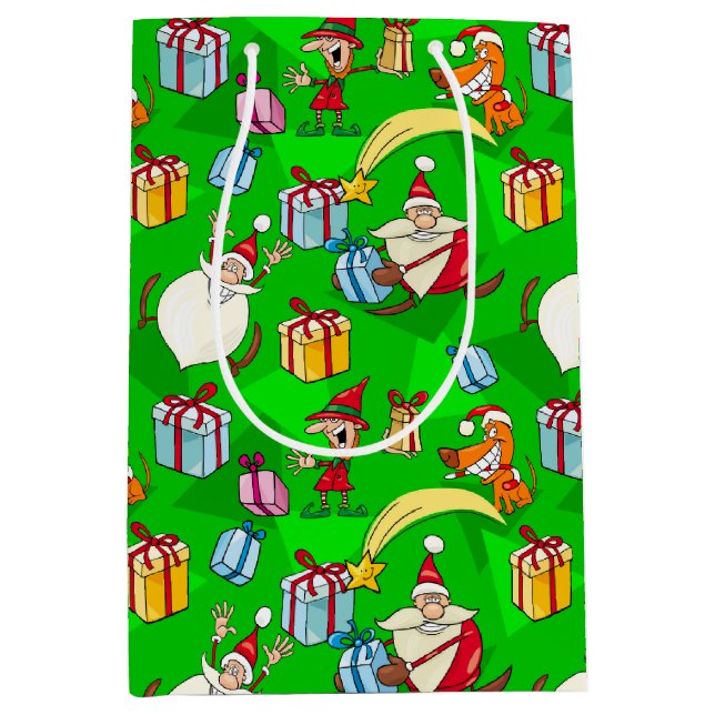 Bright Green Santa & Elves Christmas  Medium Gift Bag (Front)