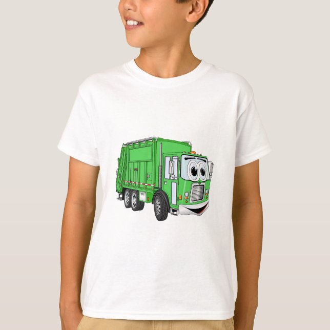 Bright Green Smiling Garbage Truck Cartoon T-Shirt (Front)