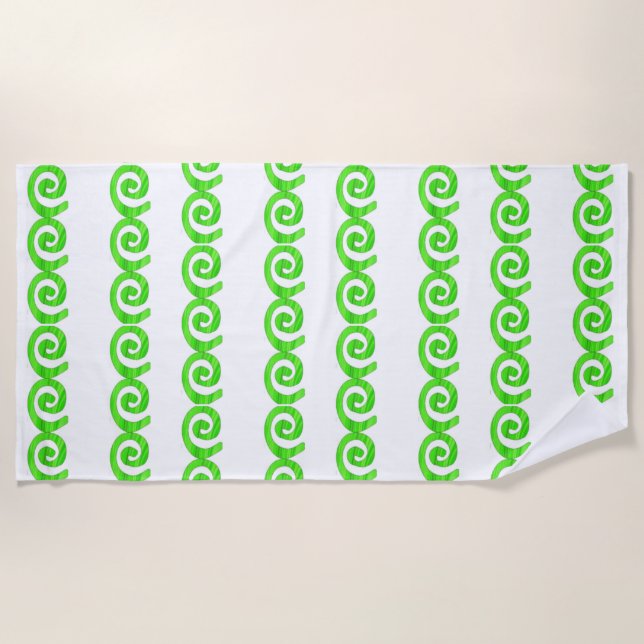 Bright green spirals pattern on white beach towel (Front)