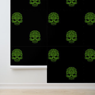 Bright Green Sugar Skulls on Black Wallpaper
