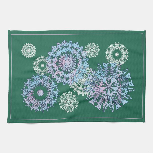 Bright Green Tea Towels with Watercolor Snowflakes (Horizontal)