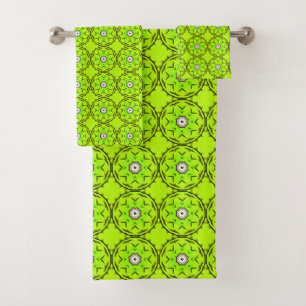 Bright green towel with intricate circular pattern