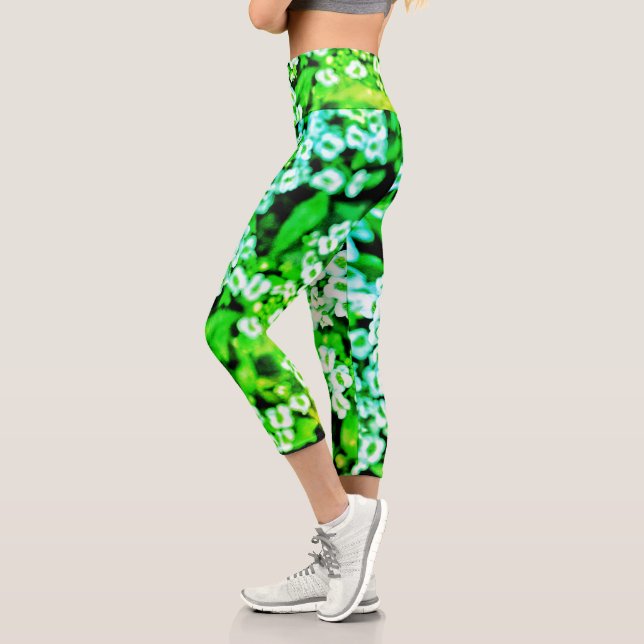 Bright Green White Flowers Floral Print Capri Leggings (Left)