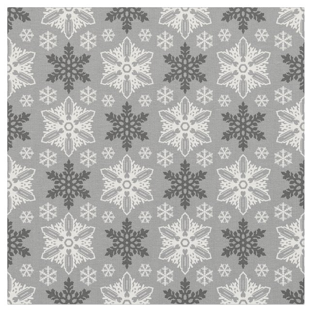 Bright Grey Black Winter White Snowflake Pattern Fabric (Close Up)