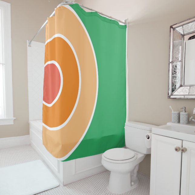 Bright Groovy Orange Sea Green Concentric Art Shower Curtain (In Situ)