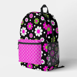 BRIGHT GROOVY PINK GREEN WHITE FLOWERS PRINTED BACKPACK