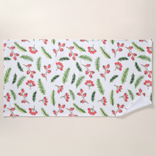 Bright Hand Drawn Christmas Mistletoe Pattern Beach Towel