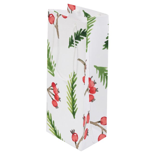 Bright Hand Drawn Christmas Mistletoe Pattern Wine Gift Bag (Front Angled)