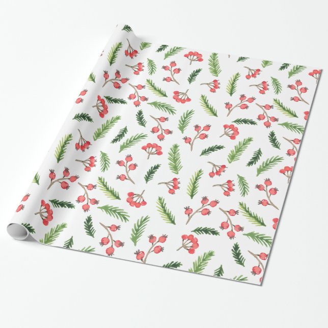 Bright Hand Drawn Christmas Mistletoe Pattern Wrapping Paper (Unrolled)