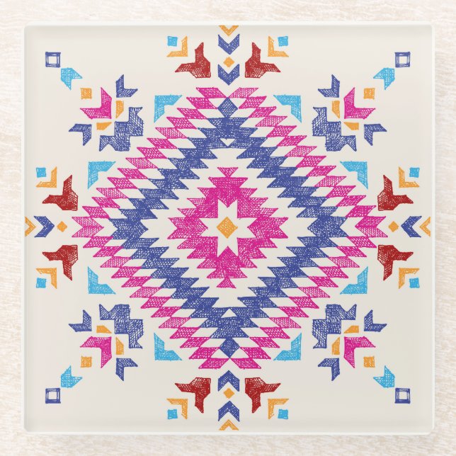Bright Hand-Drawn Tribal Design Element. Glass Coaster (Front)