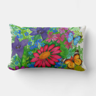 Bright hand-painted flowers and butterflies lumbar cushion