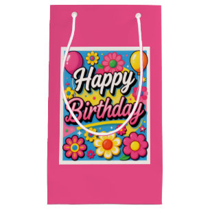 Bright Happy Birthday Flowers and Balloons Pink Small Gift Bag