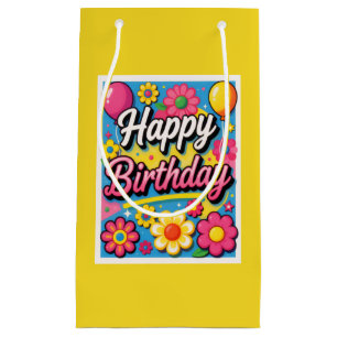 Bright Happy Birthday Flowers and Balloons Yellow Small Gift Bag