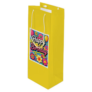 Bright Happy Birthday Flowers and Balloons Yellow Wine Gift Bag