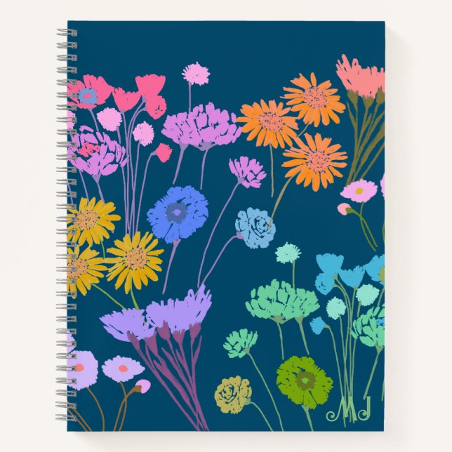 Bright Happy Colourful flowers Dark Teal+Initials Notebook (Front)