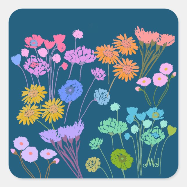 Bright Happy Colourful flowers Dark Teal+Initials Square Sticker (Front)