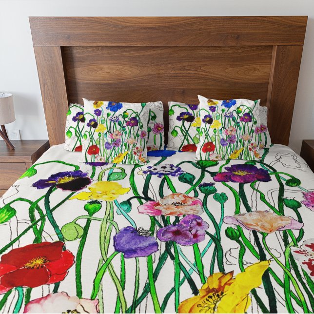 Bright Happy Multi-colored Watercolor Floral Poppy Cushion (Matching Wild Poppy pillows and blanket)