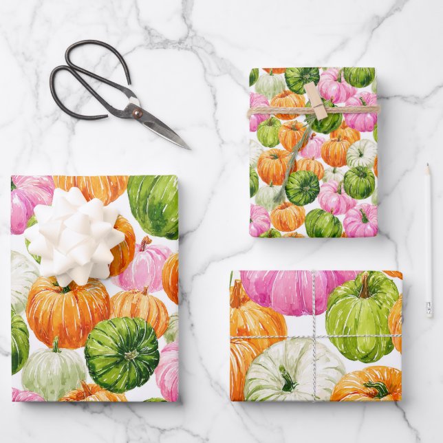 Bright happy pumpkins wrapping paper sheet (Front)