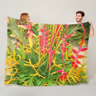 Bright heliconias, lobster claw plants fleece blanket