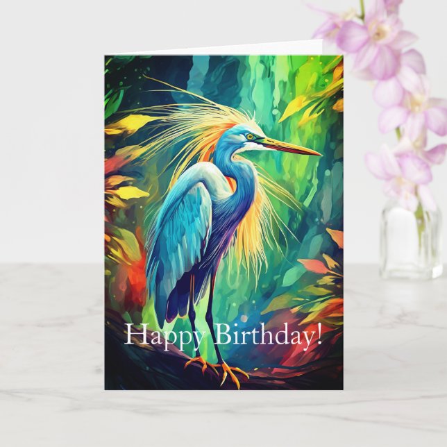 Bright Heron Birthday Card, 4" x 5.6" Folded Card (Orchid)